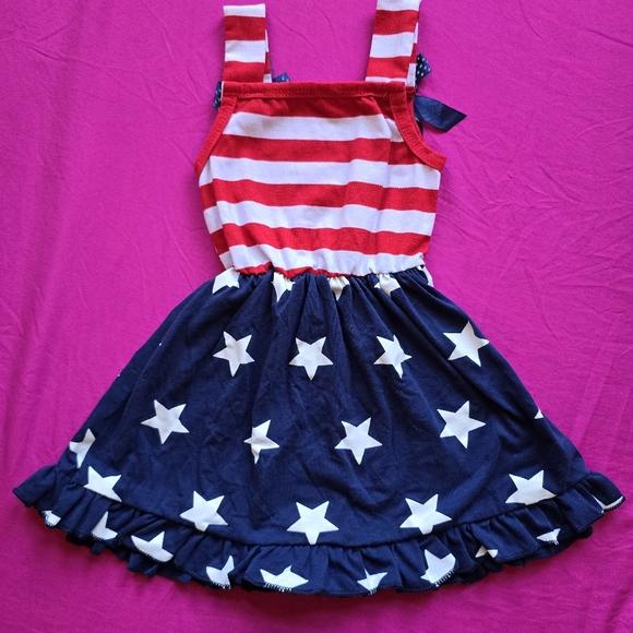 18M-24M Red, White, and Blue Stars and Stripes Dress w/ Shoulder Ribbons - Picture 2 of 2